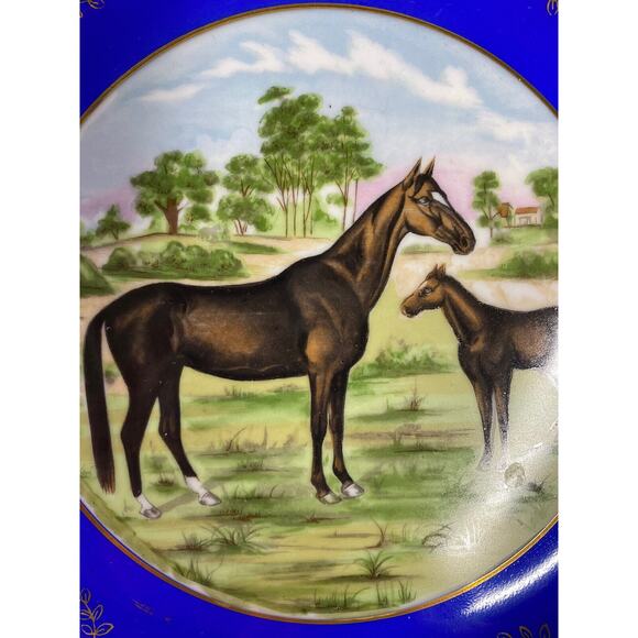 Vibrant Porcelain Plate Set of 2 Horse Cabinet Plates Decor Blue Fuschia Gold - Picture 8 of 12